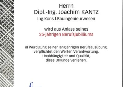 Jubiläumsurkunde Joachim Kantz